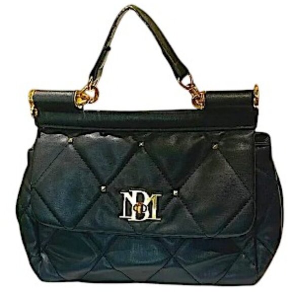 BADGLEY MISCHKA Black Vegan Leather Studded Big Diamond Quilted Top Handle Bag - Picture 1 of 11